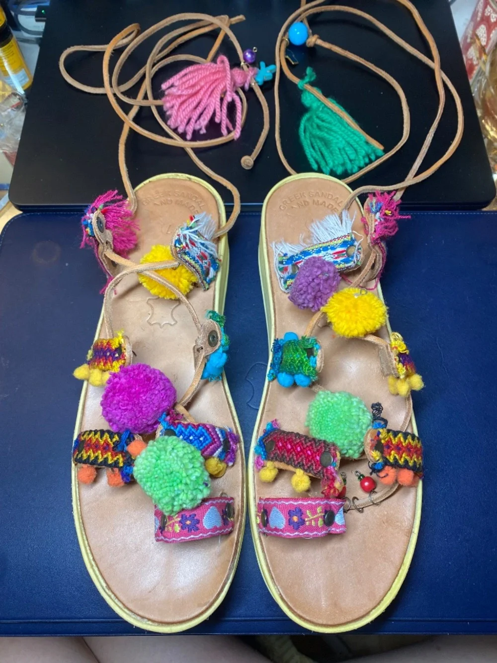 Greek Artisan Leather Lace Up Boho Festival Pom Pom Platform Sandals Size US 7